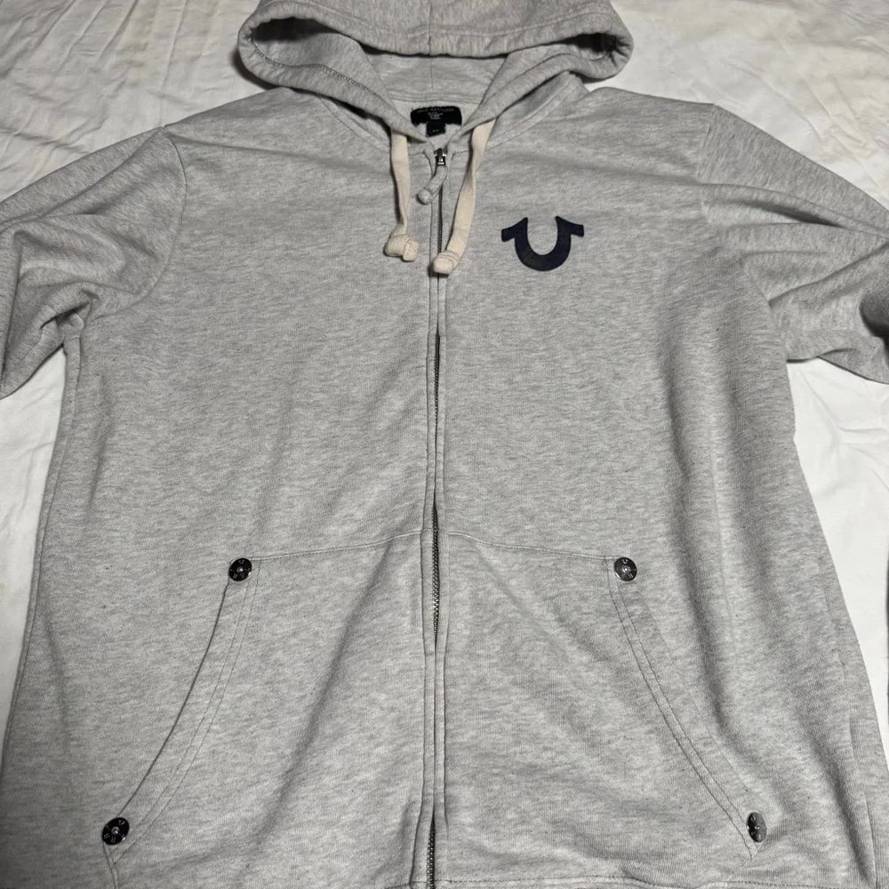 Men's True Religion Gray Full-Zip Hoodie L with Navy Blue Logo #86